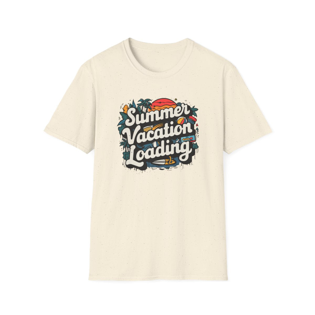 red t-shirt with summer holiday loading graphic front detail