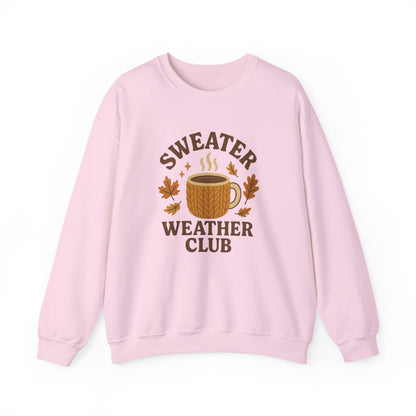white sweatshirt with sweater weather club slogan design