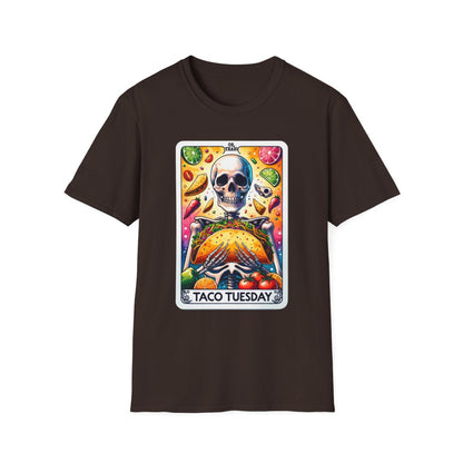 white t-shirt with taco Tuesday tarot card graphic design