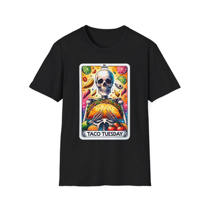 dark chocolate t-shirt with playful food and tarot design