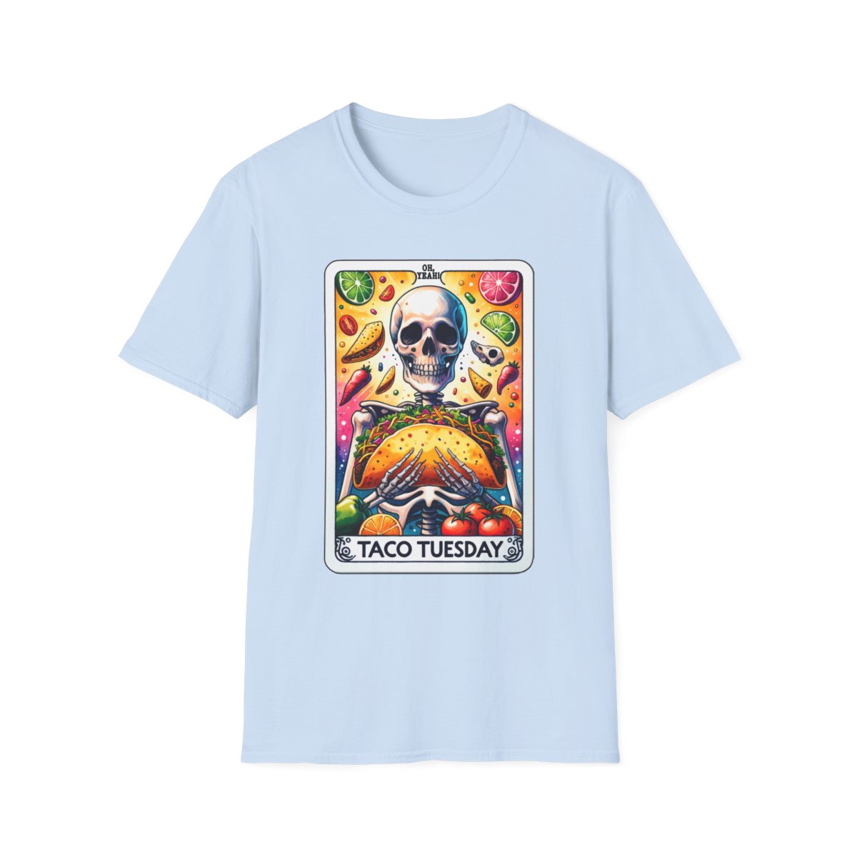 military green t-shirt with bold taco tarot print