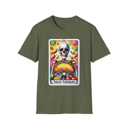 black t-shirt with colorful taco and tarot card artwork