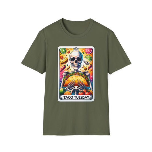 black t-shirt with colorful taco and tarot card artwork