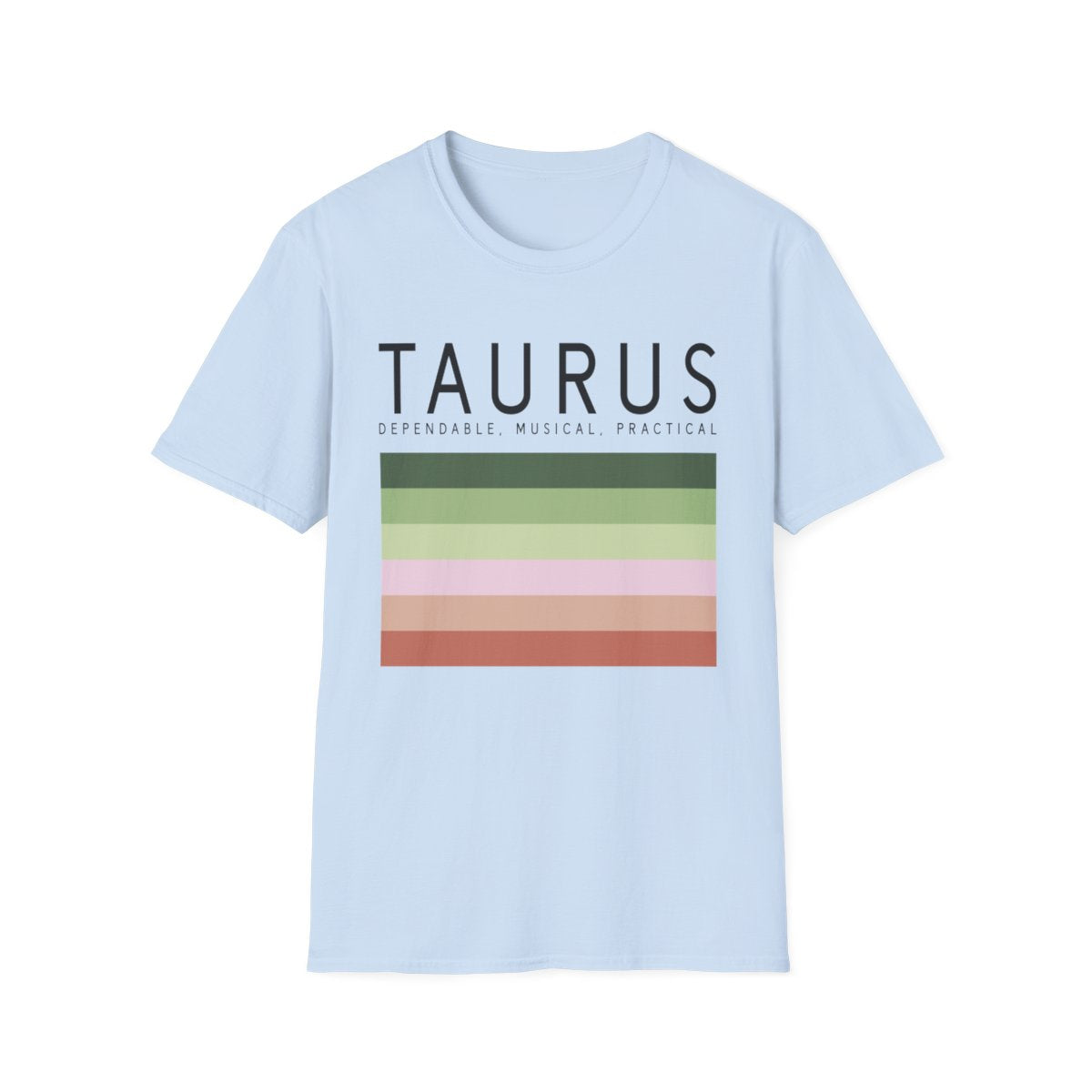 light blue t-shirt with taurus zodiac graphic worn casually