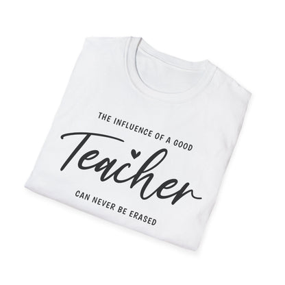 educator wearing light blue teacher influence inspirational t-shirt