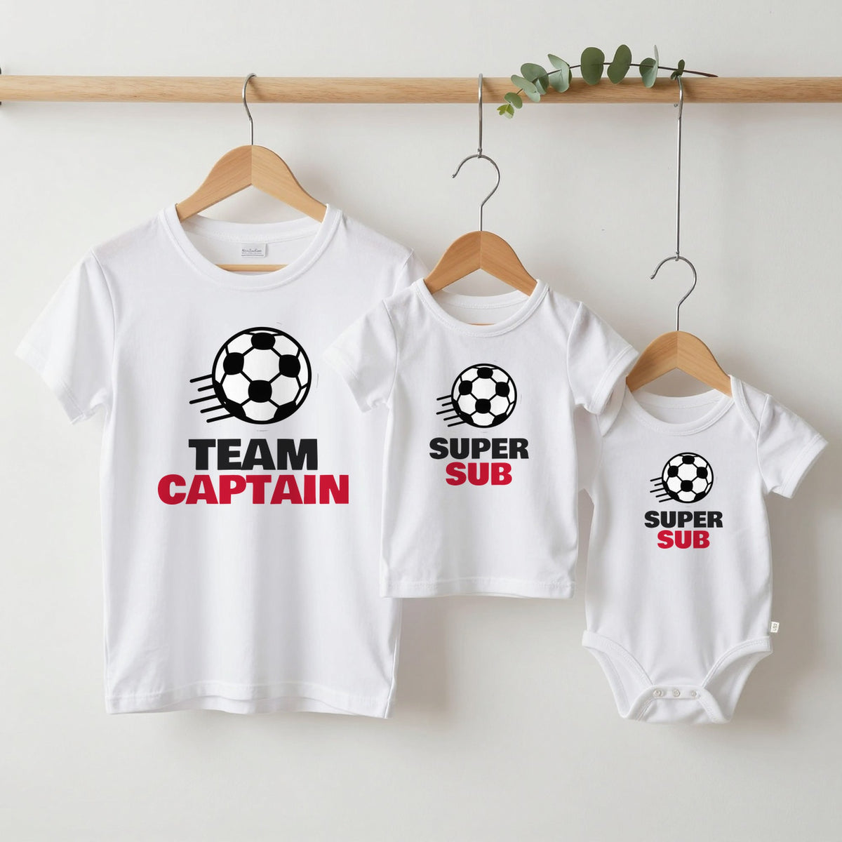 Team Captain & Super Sub Football matching set grown-up tee, kids tee and baby grow on hangers