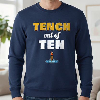 Tench Out Of Ten Funny Fishing T-Shirt & Sweatshirt in Navy (Sweatshirt), worn, our photo