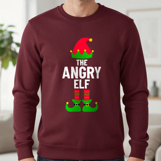 The Angry Elf Christmas Sweatshirt in Maroon, worn, our photo