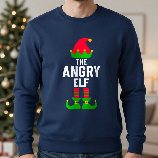 The Angry Elf Christmas Sweatshirt in Navy, worn, our photo