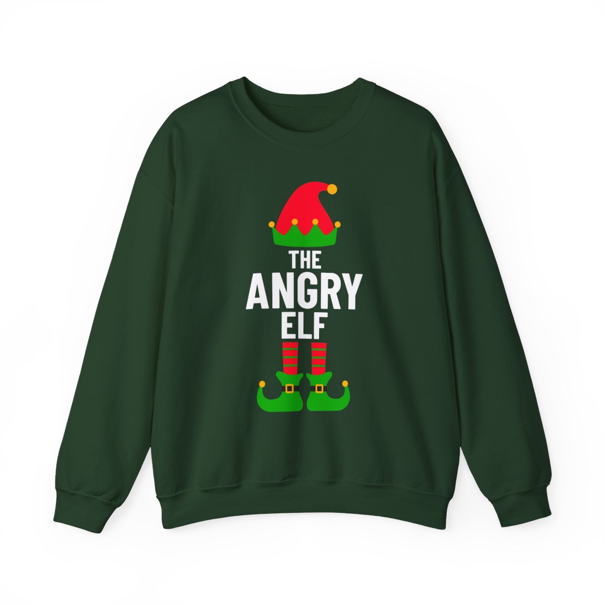 forest green sweatshirt with humorous Christmas elf design
