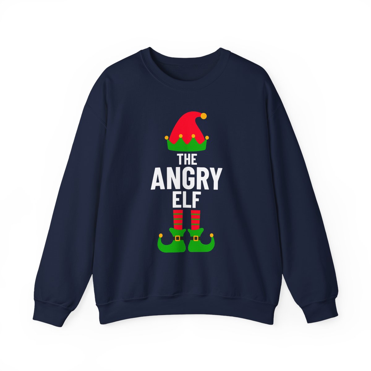 black sweatshirt with funny angry elf holiday print