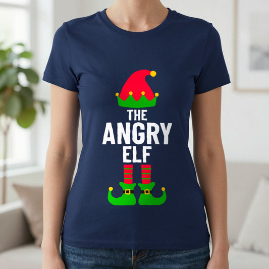 The Angry Elf Christmas T-Shirt worn, lifestyle photo