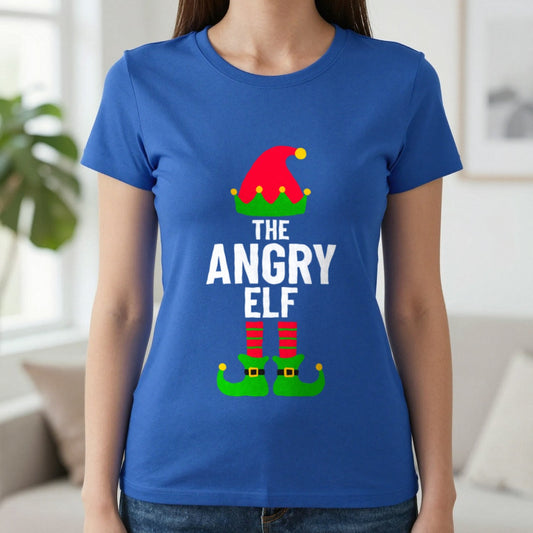 The Angry Elf Christmas T-Shirt in Royal, worn, our photo