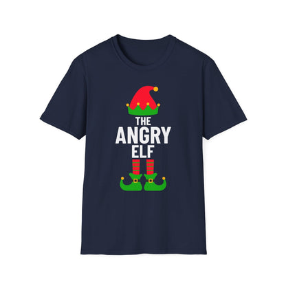 navy t-shirt with angry elf christmas graphic design