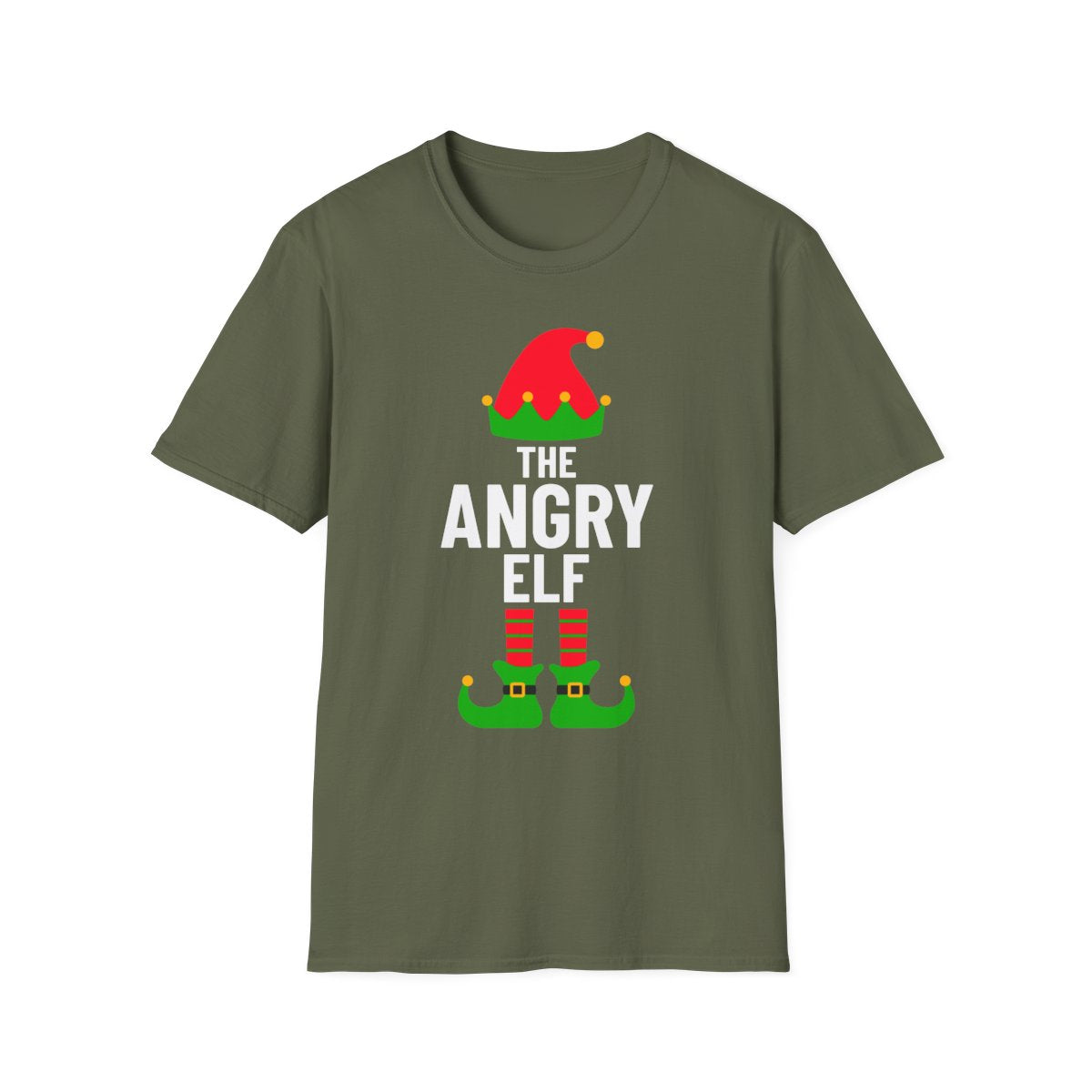 black t-shirt featuring grumpy elf holiday print