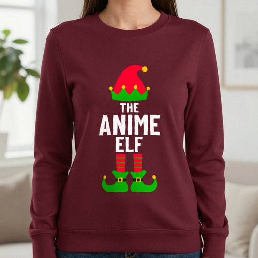 Anime Elf Christmas Sweatshirt in Maroon, worn, our photo