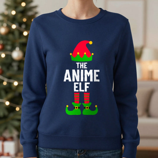 Anime Elf Christmas Sweatshirt in Navy, worn, our photo