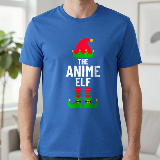 The Anime Elf Christmas T-Shirt in Royal, worn, our photo