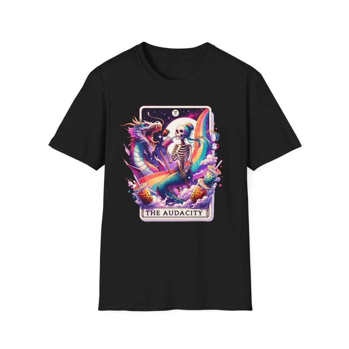 navy t-shirt with the audacity tarot graphic design