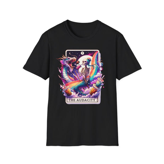 navy t-shirt with the audacity tarot graphic design