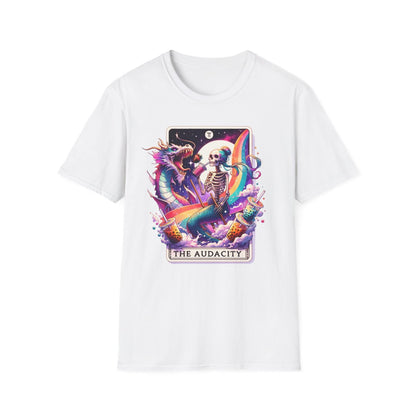 white t-shirt with bold the audacity tarot card artwork