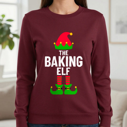 The Baking Elf Christmas Sweatshirt in Maroon, worn, our photo