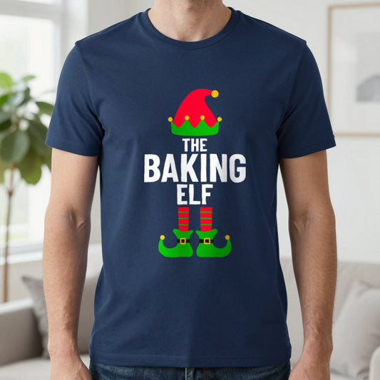The Baking Elf Christmas T-Shirt in Navy, worn, our photo