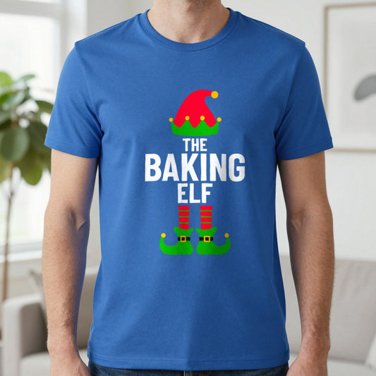 The Baking Elf Christmas T-Shirt in Royal, worn, our photo