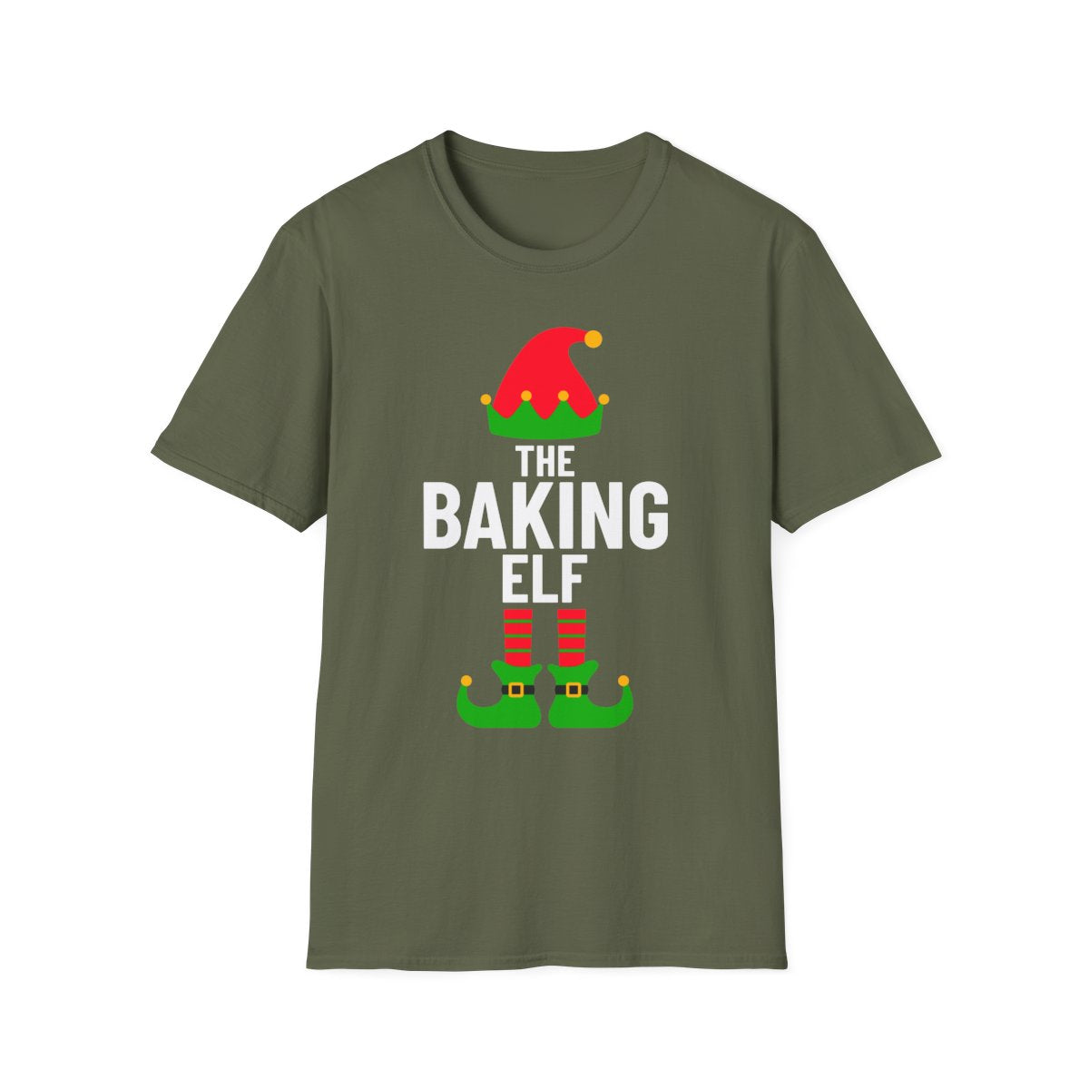 navy t-shirt with playful baking elf Christmas design