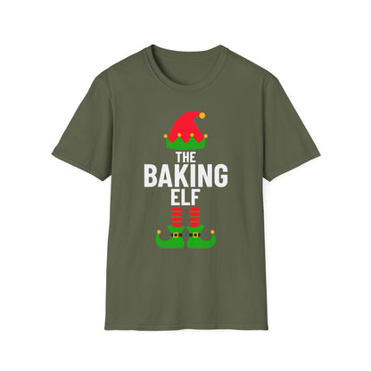 navy t-shirt with playful baking elf Christmas design
