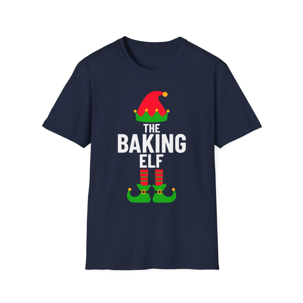 military green t-shirt with holiday baking elf design