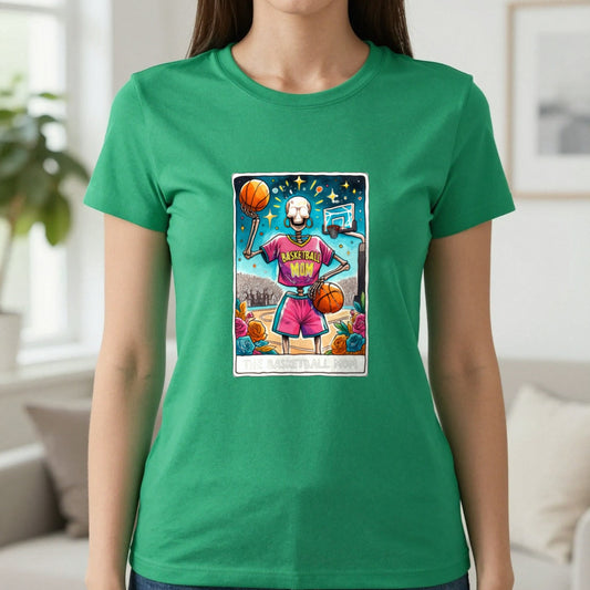 The Basketball Mom Tarot Graphic T-Shirt in Irish Green, worn, our photo