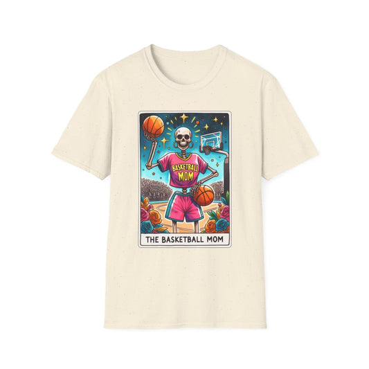 black t-shirt with the basketball mom tarot graphic design for sports moms