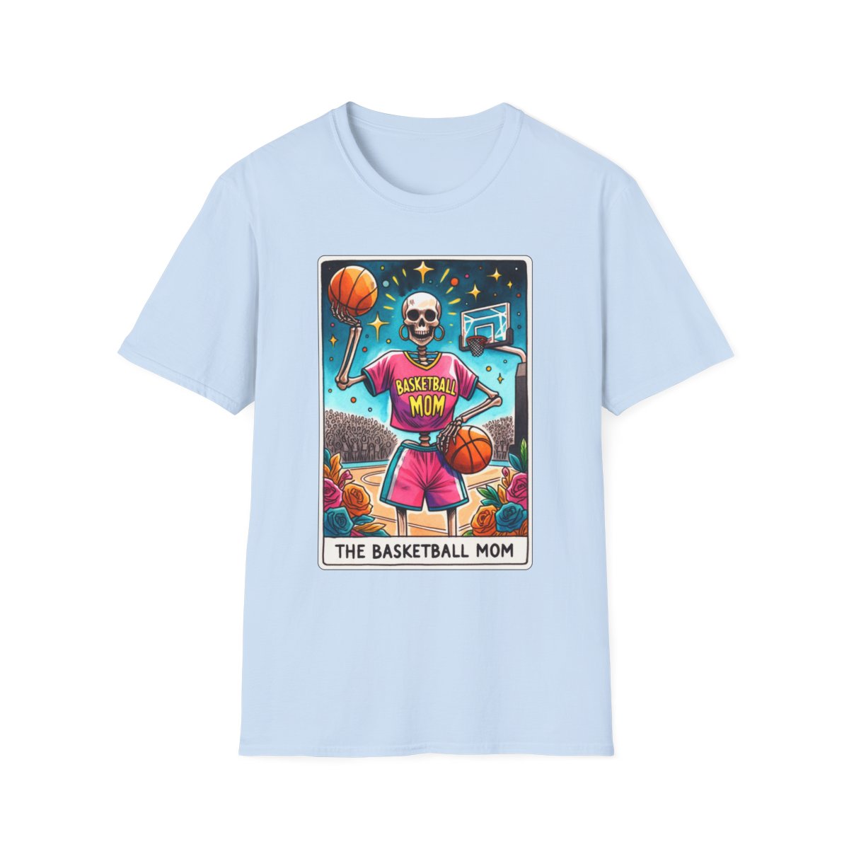 basketball mom tarot tee flat lay showing design detail and print quality