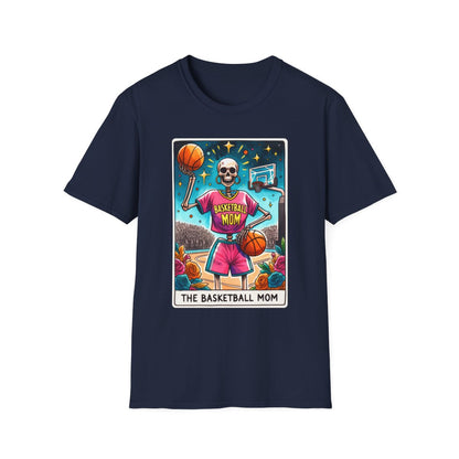 navy t-shirt with bold basketball mom tarot themed graphic print