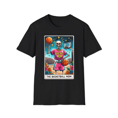 white t-shirt with basketball mom tarot design front and back view