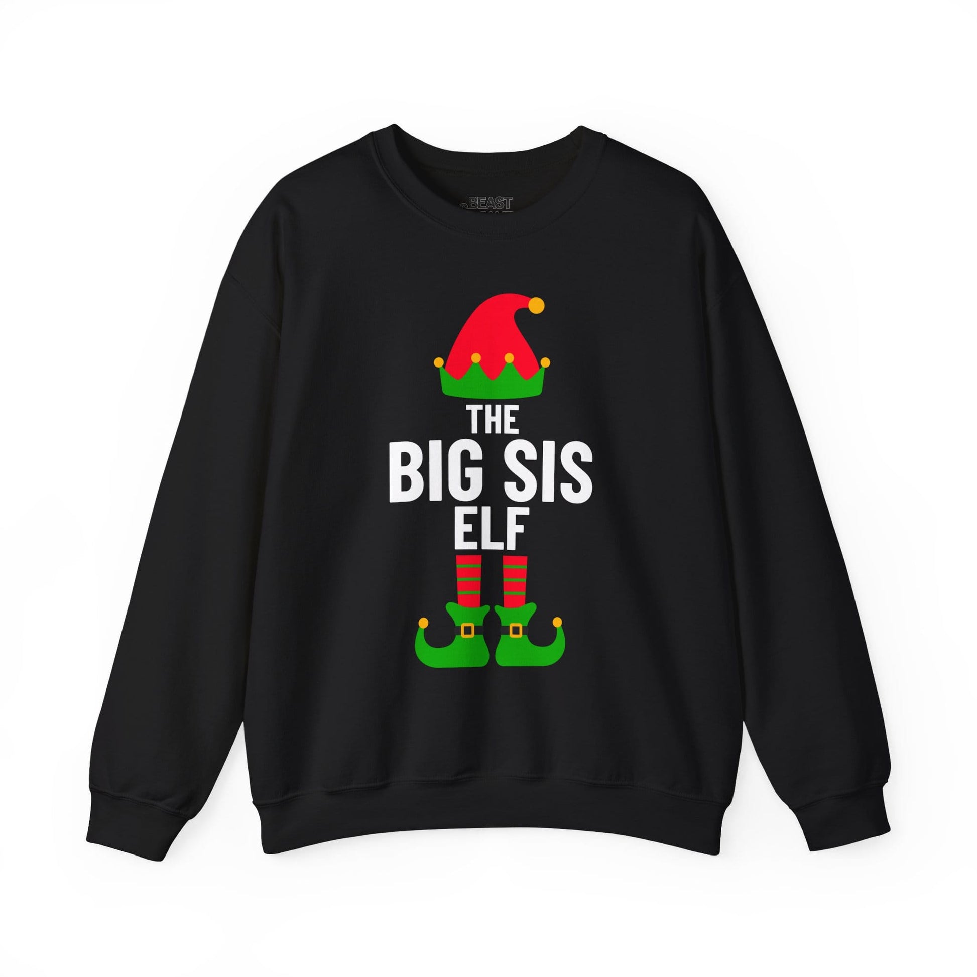 black sweatshirt with big sis elf Christmas elf design