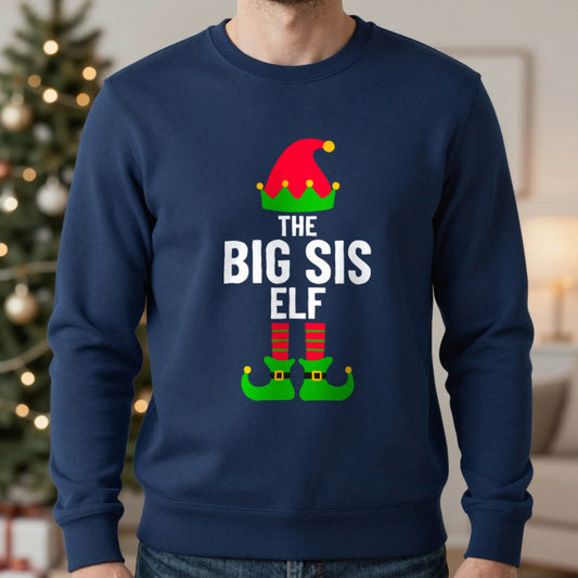 Big Sis Elf Christmas Sweatshirt in Navy, worn, our photo