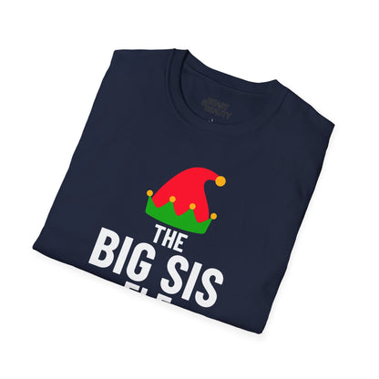 big sis elf Christmas t-shirt lifestyle shot for festive family matching