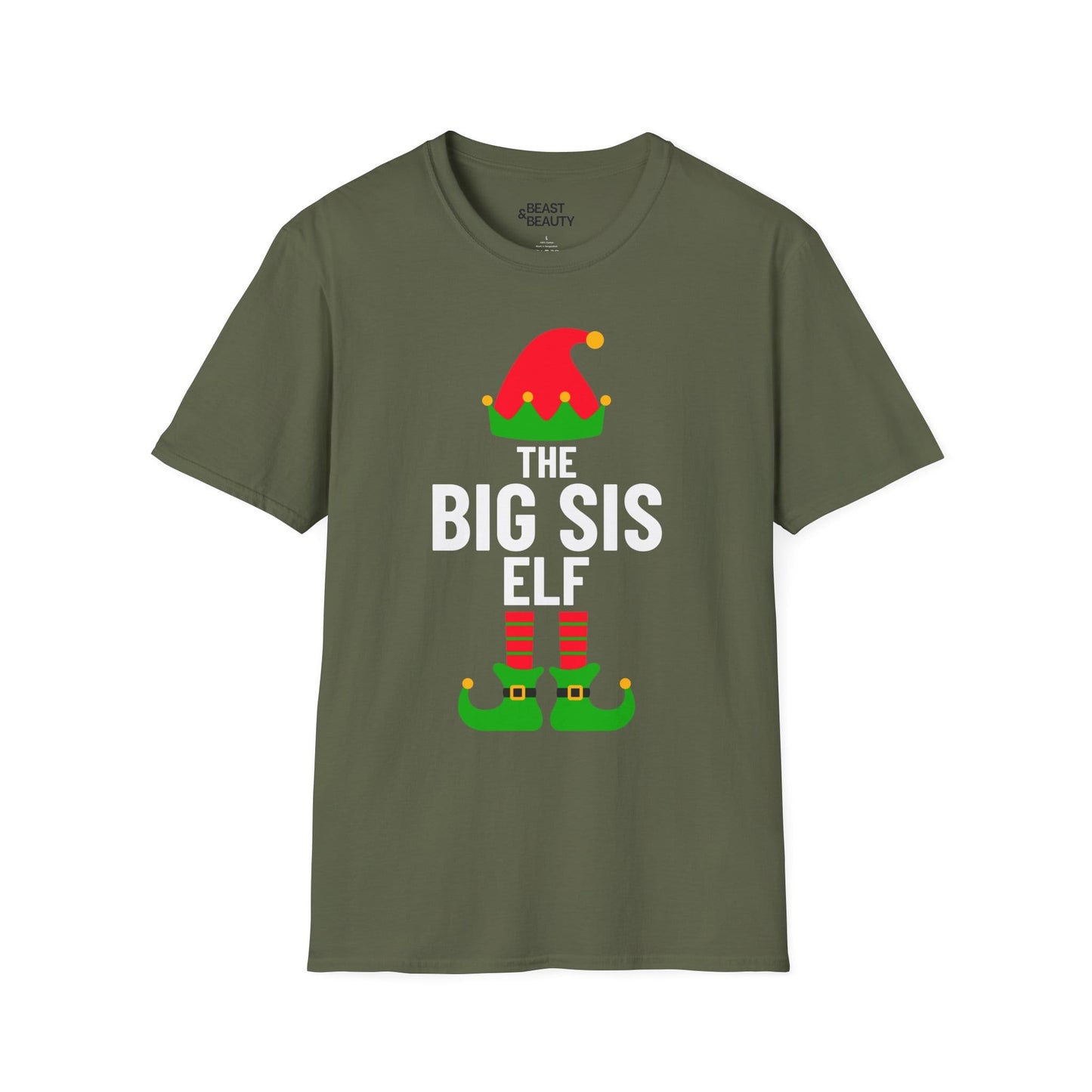 military green t-shirt with big sis elf Christmas design for sibling matching outfits