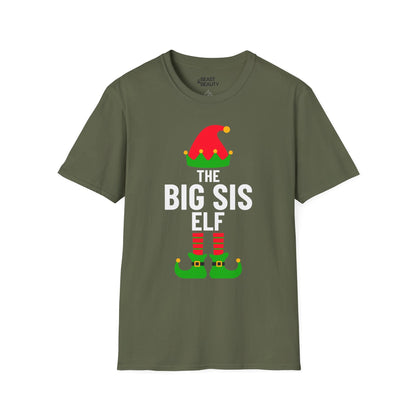 military green t-shirt with big sis elf Christmas design for sibling matching outfits
