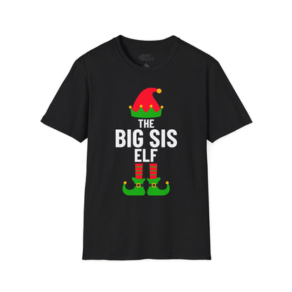 black t-shirt with big sis elf festive graphic for Christmas family gift