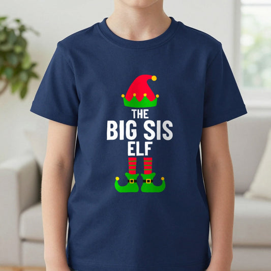 Big Sis Elf Christmas T-Shirt worn, lifestyle photo