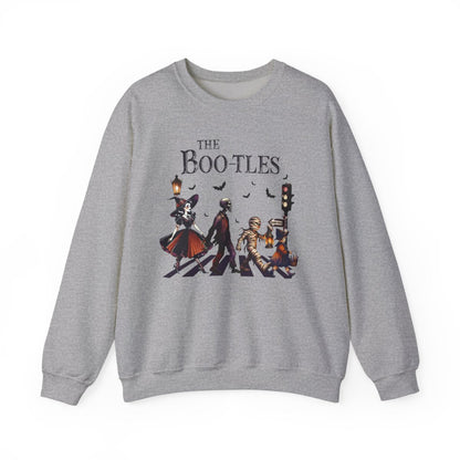 light pink sweatshirt with the boo-tles halloween parody graphic