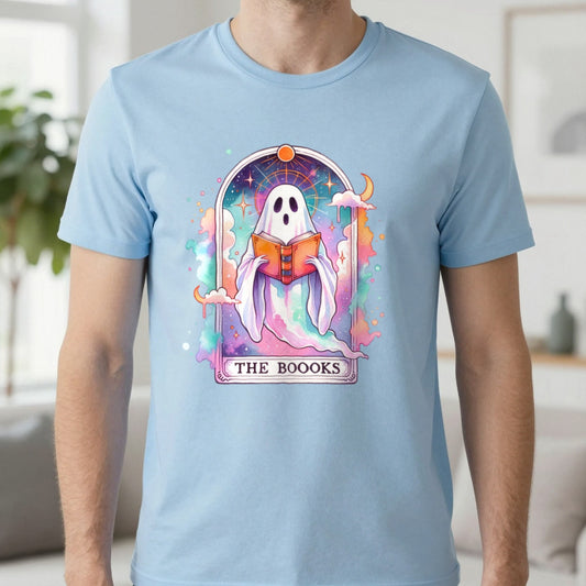 The Books Ghost Tarot T-Shirt in Light Blue, worn, our photo