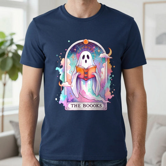 The Books Ghost Tarot T-Shirt in Navy, worn, our photo