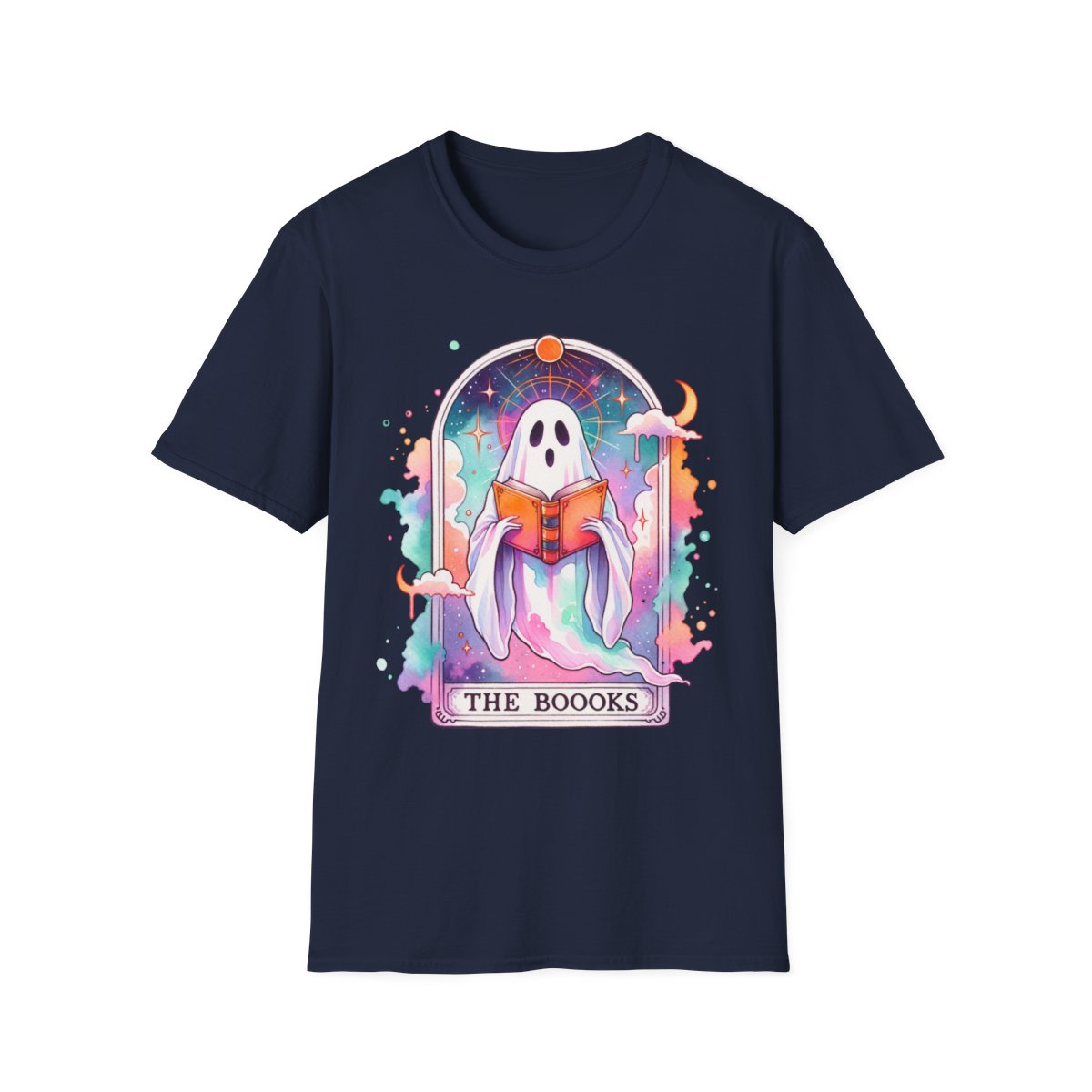 light blue t-shirt with the books ghost design for cozy readers