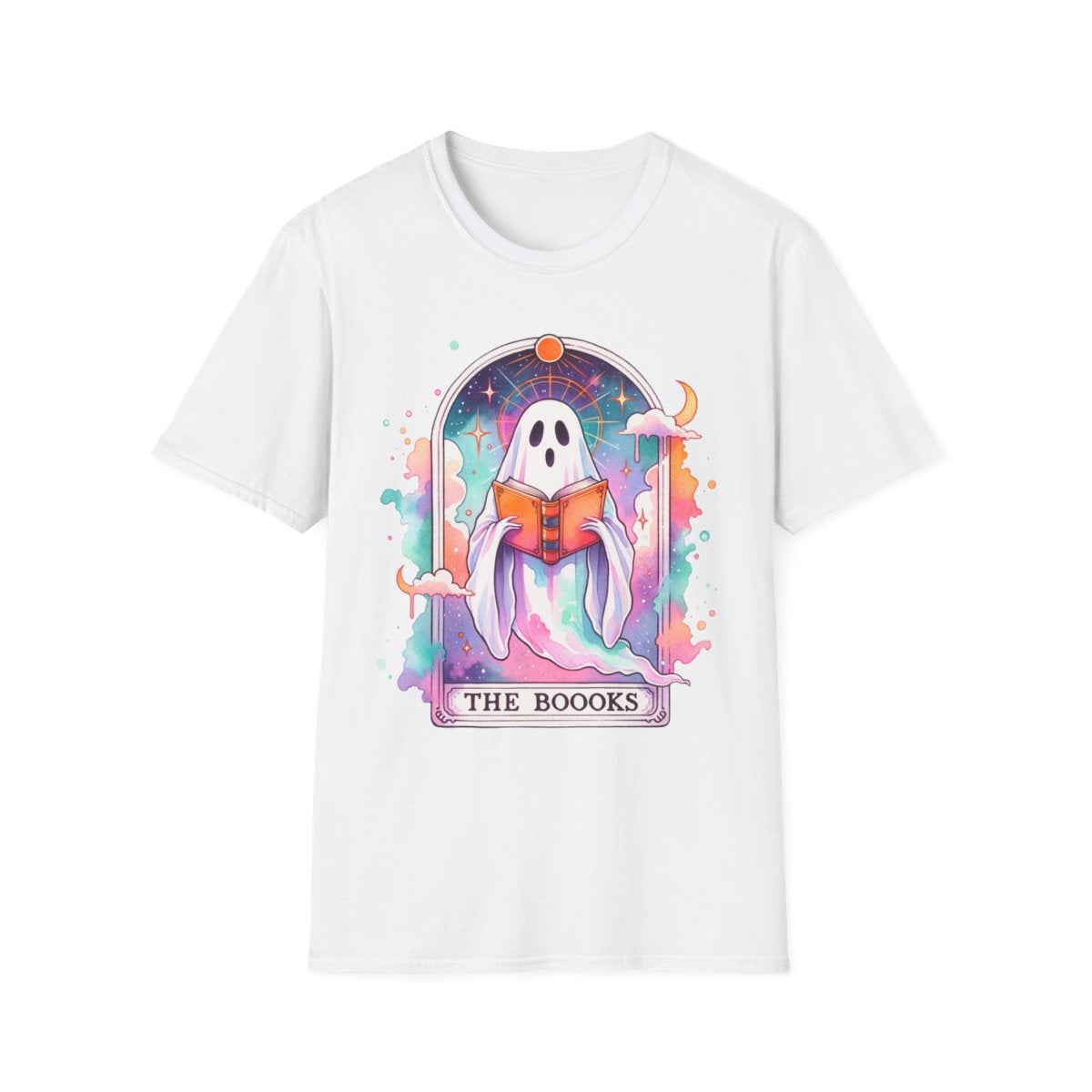 black t-shirt with playful ghost and tarot card graphics
