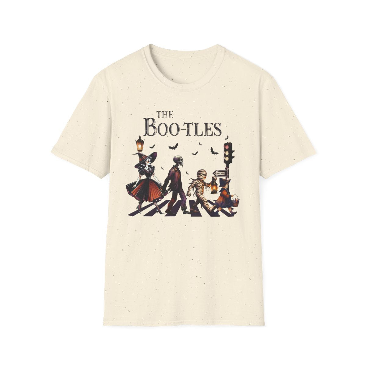 light blue t-shirt with the bootles parody graphic design featuring creepy characters on crosswalk