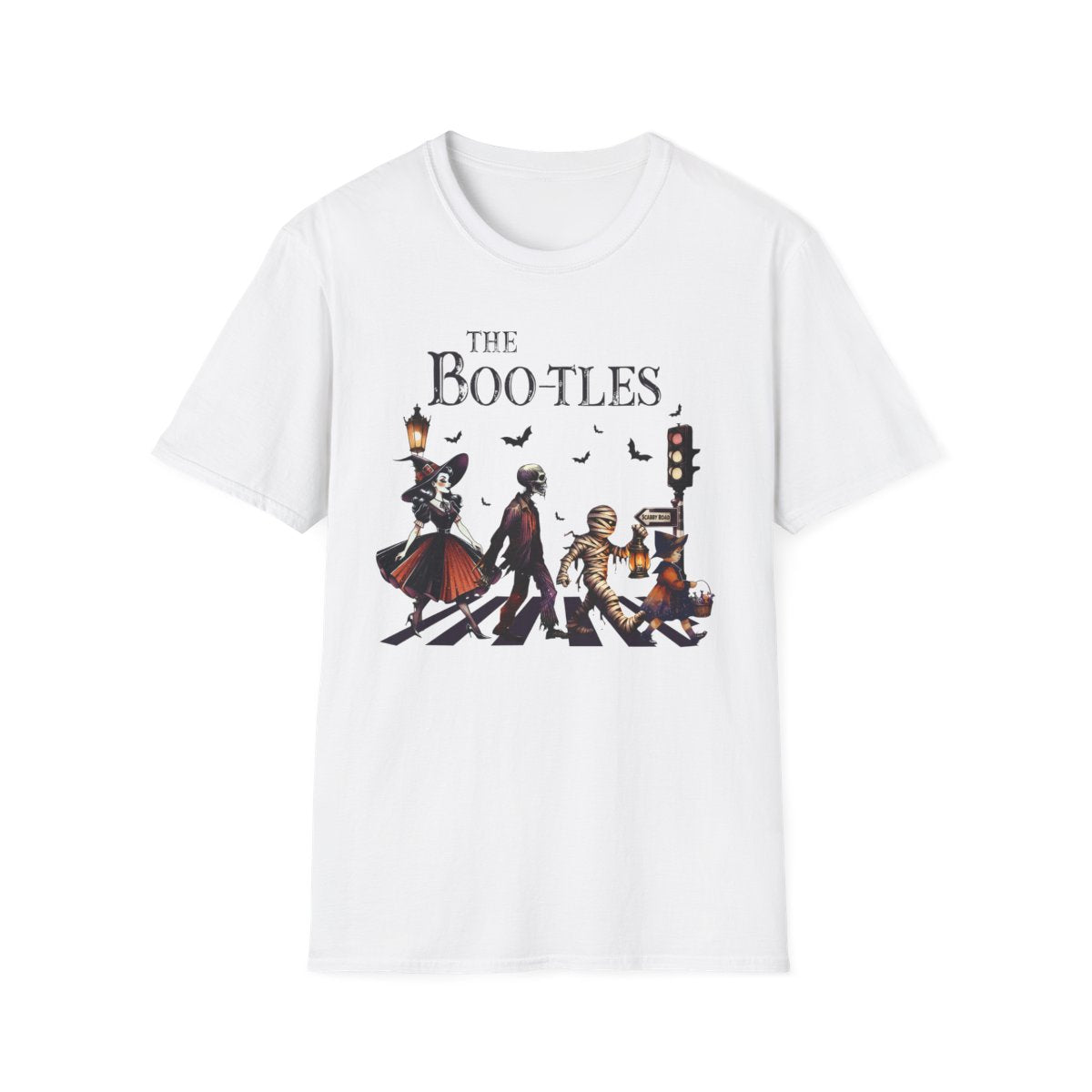white t-shirt with the bootles parody graphic design for music lovers and halloween fans